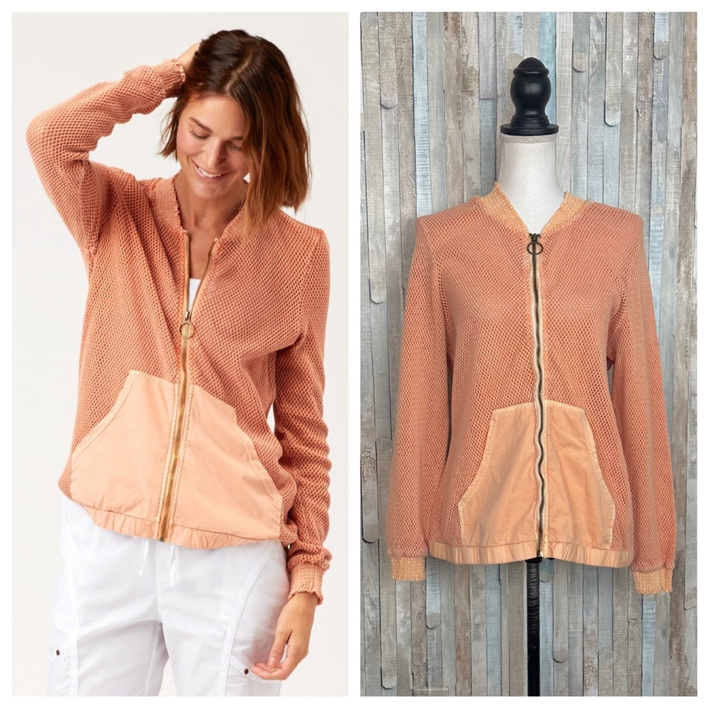 XCVI M Bright Orange‎ Cotton Mesh Flannery Bomber Zip Up Jacket Boho Sporty $162